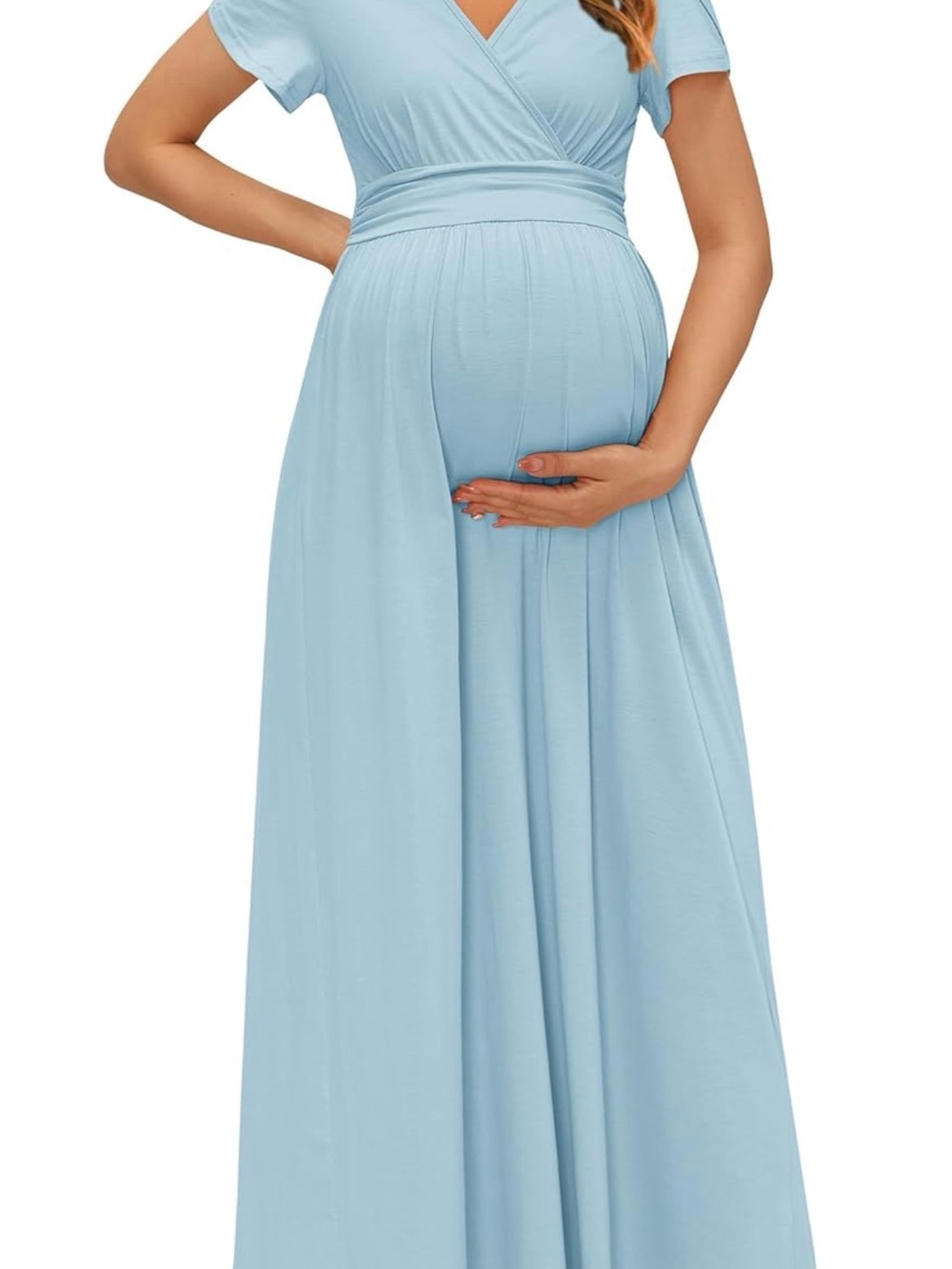 Light Blue Maternity Wrap Maxi Dress with Empire Waist